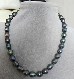 Charming 11-12mm tahitian black green pearl necklace 18inch 14K gold clasp