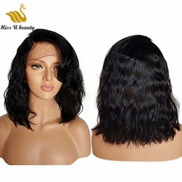 Loose Wavy Bob Human Hair Glueless Front Lace Wig Natural Black Colour 10 12 14inch Short Wigs 130% 150% Density