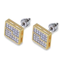 Gold Plated Iced out CZ Diamond Cluster Zirconia Square Stud Earrings for Men Hip Hop Jewellery Nice Gift