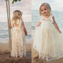 Full Lace Beach Flower Girls Dresses For Wedding Party Dresses Jewel Neck Backless With Bow Long Princess Communion Dress B78