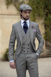 New Morning Style One Button Pure Light Grey Groom Tuxedos Peak Lapel Groomsmen Best Man Mens Wedding Suits (Jacket+Pants+Vest+Tie) 4138