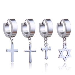 Titanium steel Cross Star Drop Fake Piercing Punk Earrings Men Hypoallergenic Non-Piercing clip on Hoop Ear Rings for Women Fashion Jewelry