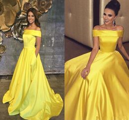 Elegant Off Shoulder Evening Dresses Yellow A Line Formal Prom Dress Long With Pockets Custom Made Cheap Party Gowns