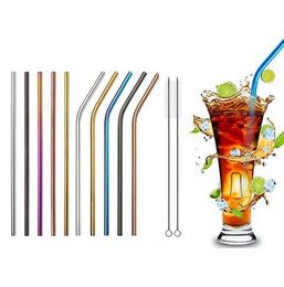 Colored Stainless Steel Straws Reusable Drinking Straw 26.5cm Metal Straws Cleaning Brush Silicone Tips Kitchen Accessories Party Bar Tools