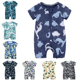 Nyfödd romper baby pojke tjej kläder jumpsuit ins kort ärm blixtlås med tecknad flamingo dinosauri full tryckt rompers kläder 40 stilar