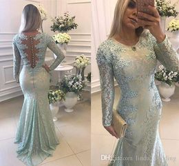 Sage Mermaid Evening Dress Jewel Neck Long Sleeves With Lace Applique Formal Holiday Wear Prom Party Gown Custom Made Plus Size