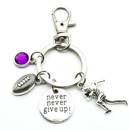 New colored Birth Stone Rugby Team Keychain Rugby Player Keychain Never Give Up Creative Graduation Gift Jewelry Crafts 346