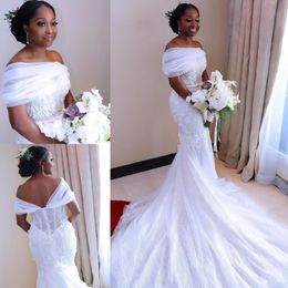 Hot Sale Mermaid Lace Wedding Dresses Beaded Off The Shoulder Neck Appliqued Bridal Gowns Sweep Train Tulle robes de mariée