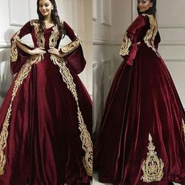 Bury Prom Gothic Dress Veet Long Sleeve Gold Lace Appliqued V Neck Classic Arabic Celebrity Customizable Formal Evening Gowns