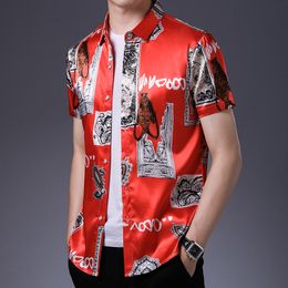 Male Silk Shirt Summer Floral Printed Silk Clothes Fashion Man Printing Satin Dress Shirts Short Sleeve1226S