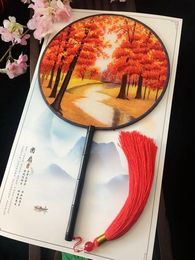 Fine Handmade Suzhou Embroidery Craft Fan Double-side pattern Chinese Mulberry Silk Fan Dance Decorative Ebony Handle Ladies Hand Fans Gift