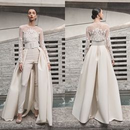 Naeem Khan 2019 Wedding Dresses with Removable Overskirt Long Sleeve Women Jumpsuits Lace Appliqued Satin Bridal Gowns
