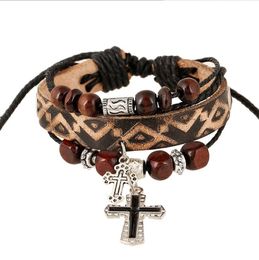 Dropshipping Leather Beads Cross Bracelets for Men Women Antique Vintage