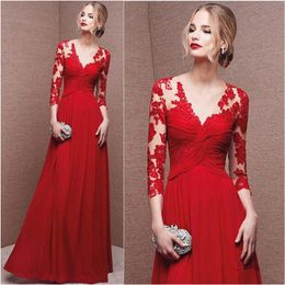 Long Sleeve Party Prom Dresses Sexy V Neck Zipper Red Chiffon Sex High Split Appliques Long Evening Dresses ED1218