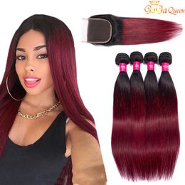 Ombre Human Hair Bundles With Closure 1b 99J Burgundy Straight Hair 3 Bundles With Closure Raw Virgin Indian Hair Extensions