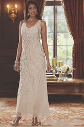 New Champagne Chiffon Mothers Dresses Two Pieces Beaded Wedding Guest Ankle Length Mother Of the Bride Dresses With Long Sleeves Jacket