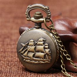 Vintage Bronze Retro 3D Sailboat Design Small Size Quartz Pocket Watch With Sweater Necklace Chain for Men Women Gift Collection