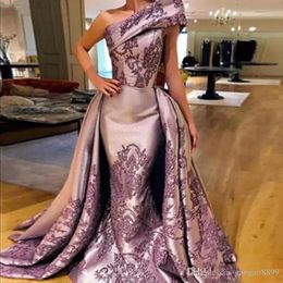 New Fashion Purple One Shoulder Mermaid Evening Dresses with Overskirts Lace Satin Appliques Prom Gowns Formal Dress Evening Pageant Dress