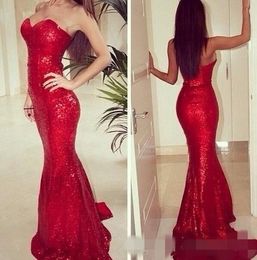Sequins Sparkly Red Mermaid Evening Dresses Sweetheart Neckline Cheap Sweep Train Custom Made Plus Size Formal Prom Party Gown