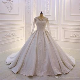 Plus Size New vestido de baile vestidos de casamento vestidos de noiva Lace Applique frisado lantejoulas manga comprida botão Voltar Sweep Trem Dubai Árabe personalizado