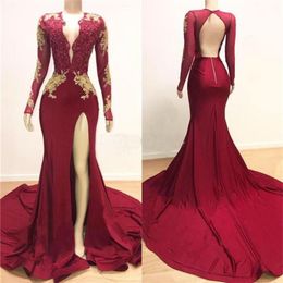 Red Mermaid Prom Dresses Deep V Neck Sheer Long Sleeve Lace Appliqued Evening Gowns High Split Beaded Cocktail Party Dresses Vestidos