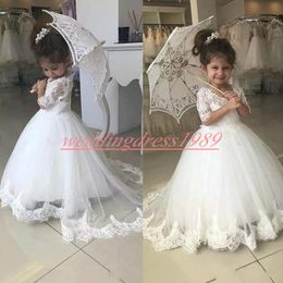 Cute Half Sleeve Flower Girls' Dresses Train 2k19 White Lace A-Line Girls Birthday Formal Gowns First Communion Dresses Kids Tutu Pageant