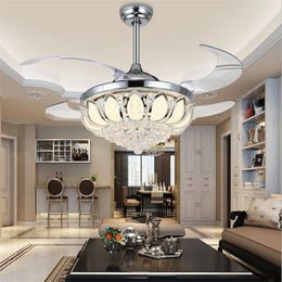 42 Inch Crystal Ceiling Fan Chandelier Lotus Ceiling Light Changeable Light Colors Remove Control Folding Ceiling Fans Light Living Room