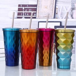 550ml Stainless Steel Double Deck Cup Conical Gradient Colour Coffee Cups Drink Tea Mug Travel Insulation Straw Cups With Lid