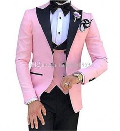 High Quality One Button Pink Groom Tuxedos Peak Lapel Groomsmen Mens Suits Wedding/Prom/Dinner Blazer (Jacket+Pants+Vest+Tie) K514