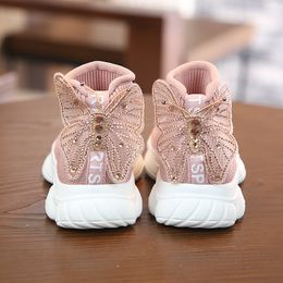 Children's Shoes Super Beautiful Diamond Butterfly Knot Girl Princess Kids Baby Sports Casual Shoes High-top High Quality Shoes