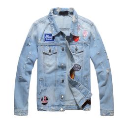 Applique washed blue men demin jackets with letter lapel neck vintage Frayed hip hop demin jacket