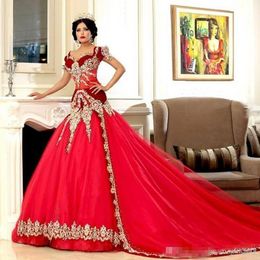 Middle East Arabic Red Mermaid Cheap Wedding Dresses Online with Golden Lace Appliques Cap Sleeve Sweetheart Wedding Gowns