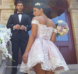 2019 Cheap Arabic Pink Off Shoulder Cocktail Dress Fashion A Line Mini Short Backless Club Wear Homecoming Party Dress Plus Size Custom Make