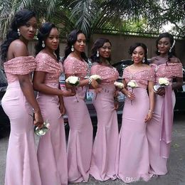 2020 New Cheap African Prom Dresses Black Girl Off Shoulder Blush Pink Bridesmaid Dresses Sequined Mermaid Wedding Guest Dresses