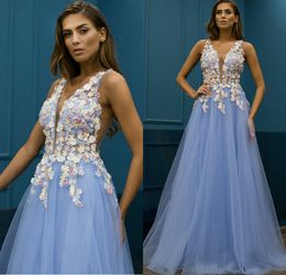 2019 Light Blue A Line Prom Dresses V Neck 3D Floral Appliqued Floor Length Cheap Evening Gowns Custom Made Formal Party Dress Guest