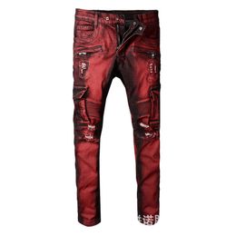 Top Quality Brand Designer Men Denim Slim Jeans Pocket Pants Fashion Holes Trousers US Size 28-40