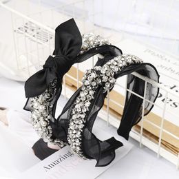 Pearl Beads Crystal Hairbands Headbands For Women Girls Black Lace Knotted Bow Elastic Makeup Hair Accessories