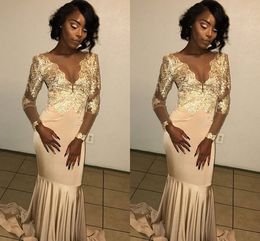 Gold Lace Applique Mermaid Sheer Neck Long Sleeves Floor Length Formal Dresses Evening Wear Party Gowns Special Ocn