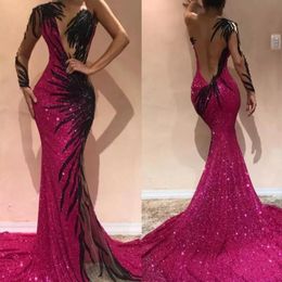 Sparkly Fuchsia Sequined Sexy Prom Dresses One Shoulder Illusion Appliques Sequins Sheer Backless Mermaid Evening Gowns Red Carpet247F