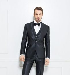 Very Good One Button Shiny Black Groom Tuxedos Peak Lapel Men Suits 3 pieces Wedding/Prom/Dinner Blazer (Jacket+Pants+Vest+Tie) W521