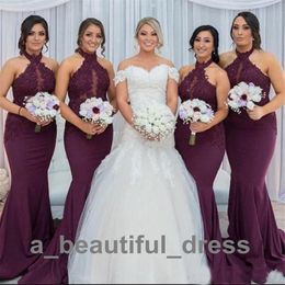 New Burgundy Halter Lace Bridesmaid Dresses Keyhole Sheer Neck Custom Made Mermaid Wed Guest Gown Vestido Gadern Wedding BD8890
