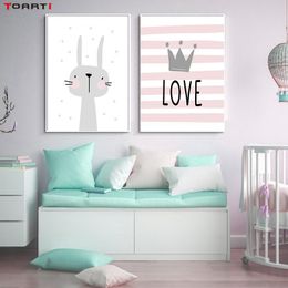 Pink Cartoon Nursery Girl Wall Picture Poster Print Rabbit Crown Baby Room Modern Canvas Painting Kids Children Wall Art Mural