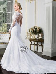 Mermaid Wedding Dress Sheer O-neck Long Sleeve See Through Illusion Back White Beach Bridal Gowns with Lace Appliques201v