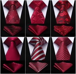 Men Fashion Necktie Burgundy Red Plaid Cheque Dot Floral 3.4" Silk Party Wedding Business Tie Handkerchief Set