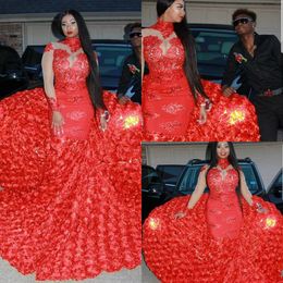 Red High Neck Mermaid Prom Dresses Black Girls African Long Sleeves Petal Flowers Rose Ruffle Evening Gowns Plus Size Special Occasion Dress