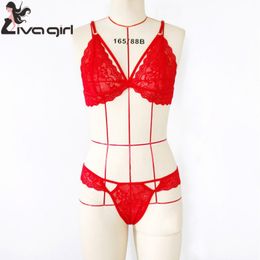 Wholesale-Liva girl Sexy Lingerie Women Christmas Three-Point Bra Set For Women Lace Bra Panties Set Red Plus Size 3XL Underwear