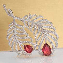 Wholesale-Feather Shape Women Brooch Clear Cubic Zirconia Big Luxury Wedding Bridal Brooch New Arrival design LUOTEEMI