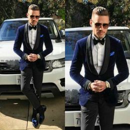 high quality dark blue velvet wedding groom tuxedos shawl lapel groomsmen mens dinner blazer suits custom made jacketpantstie