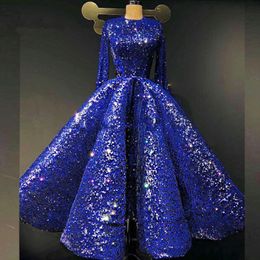 Royal Blue Sequined Prom Dresses Jewel Long Sleeves Tea Length Sparkle Islamic Saudi Arabic Evening Dress Robe de soiree Cheap Party Gowns