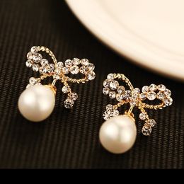 New trendy fashion luxury designer cute beautiful crystal diamond rhinestone bow pearl stud earrings for woman